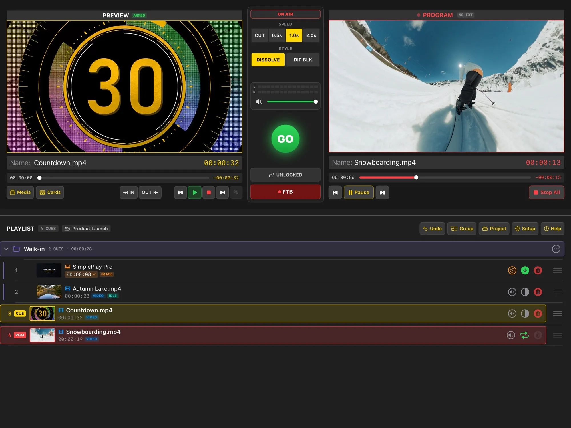 SimplePlay Pro with a countdown cued in PREVIEW, a snowboarding video on air in PROGRAM, and the playlist below