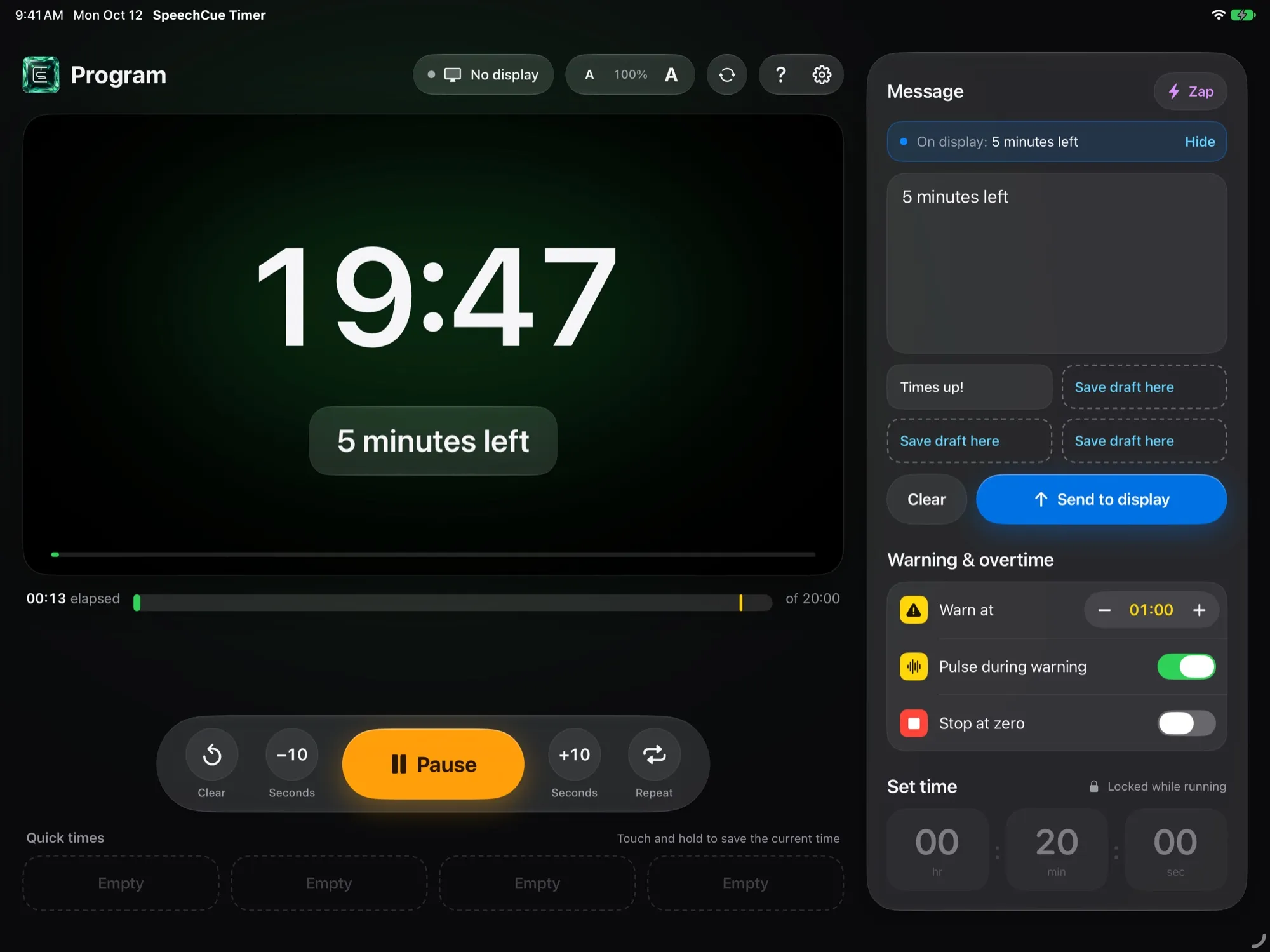 SpeechCue Timer counting down at 19:47 with '5 minutes left' on the speaker display