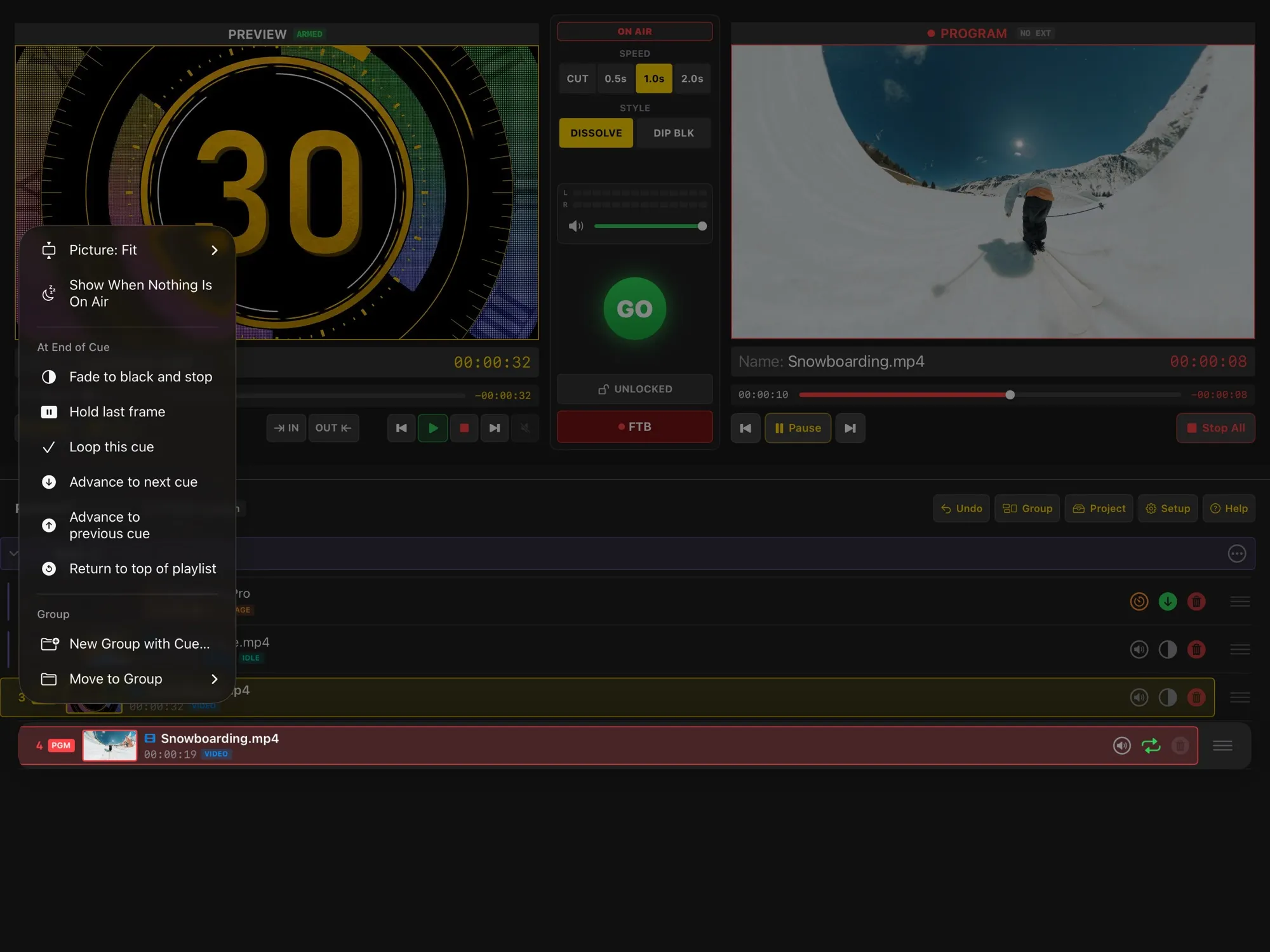 A cue's menu with picture scaling, the idle picture option and the end-of-cue actions