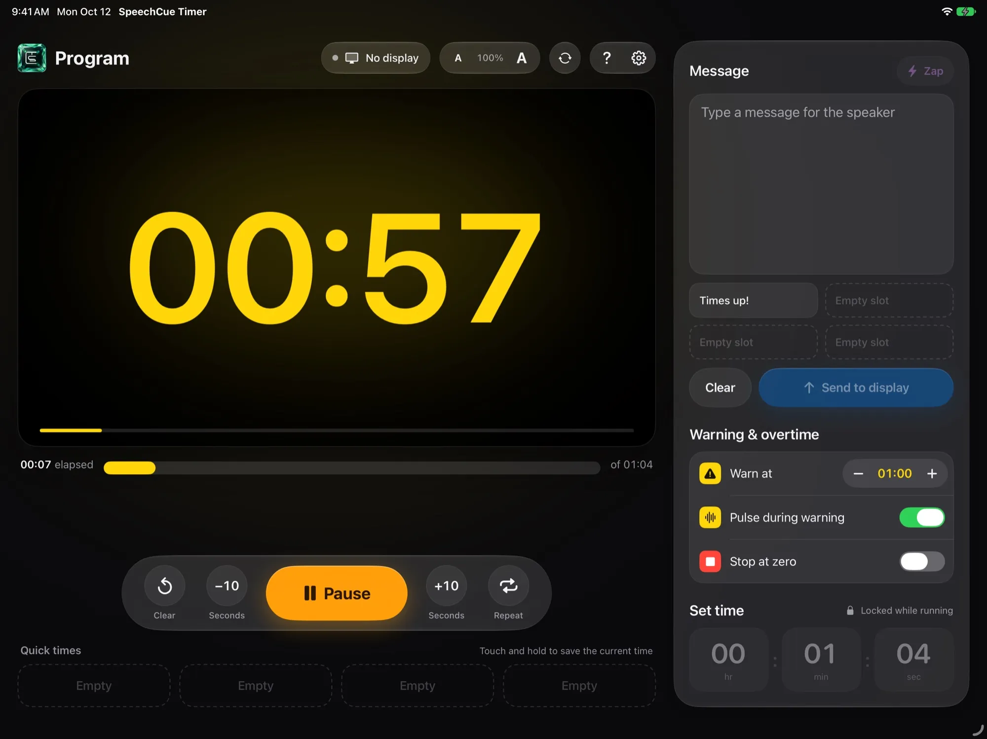 SpeechCue Timer showing a yellow countdown at 00:57 during the wrap-up warning
