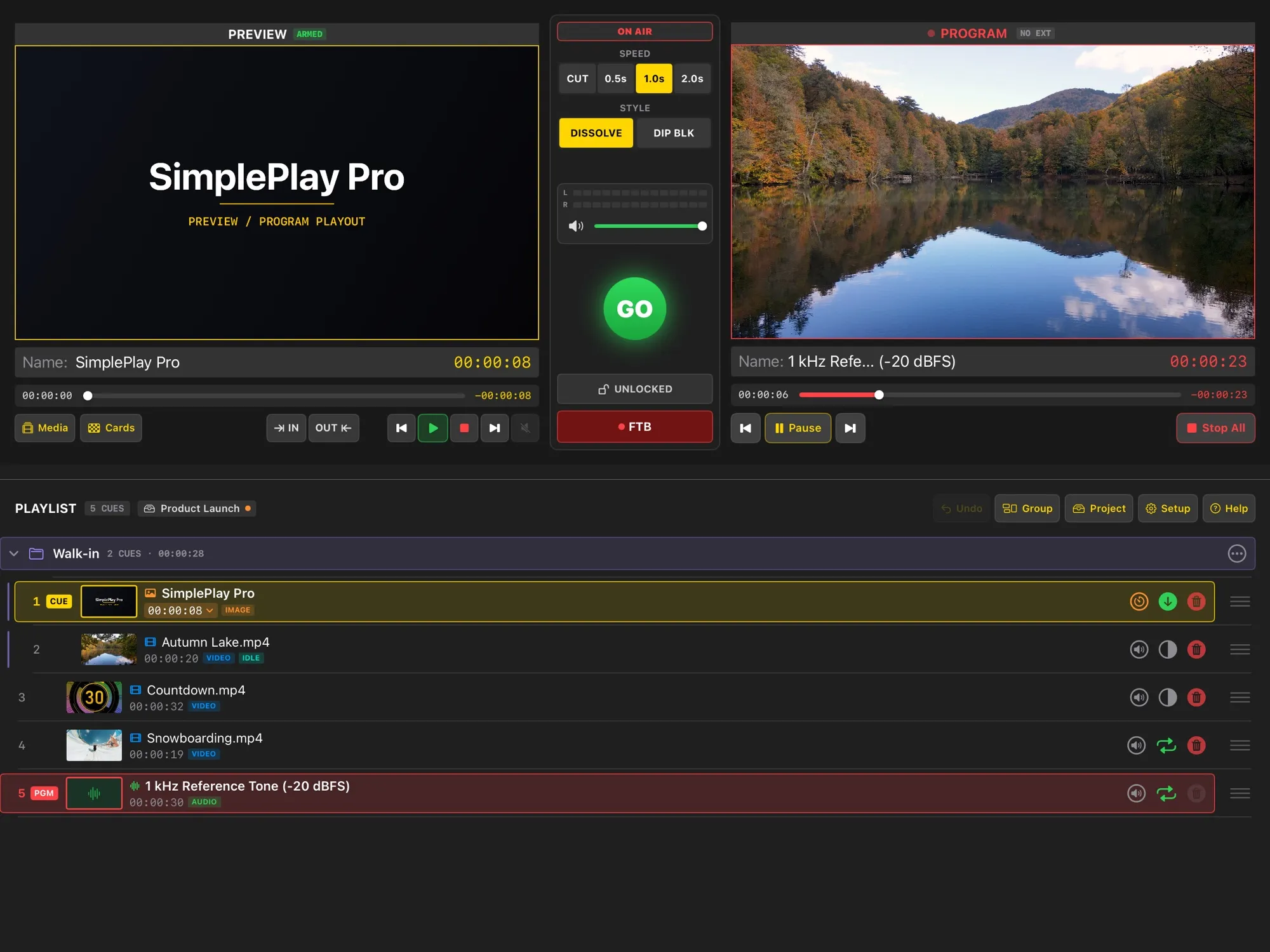A looping lake scene on PROGRAM, behind a sound cue that is playing