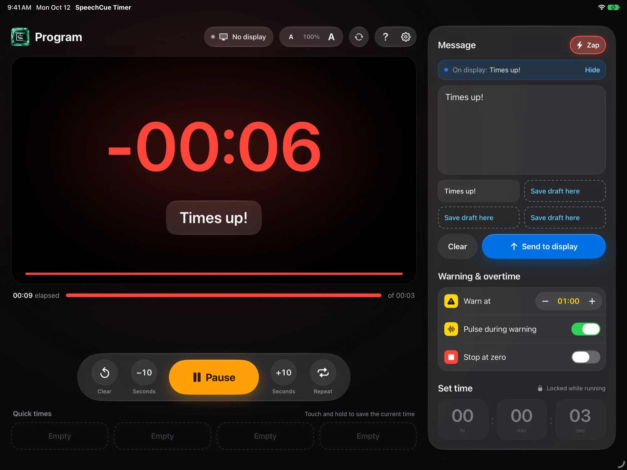 SpeechCue Timer in overtime at minus six seconds with "Times up!" on screen and the Zap button glowing