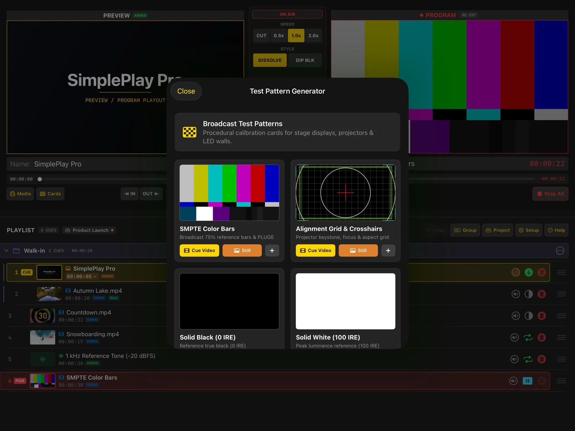 SMPTE colour bars on PROGRAM with the list of built-in test cards open