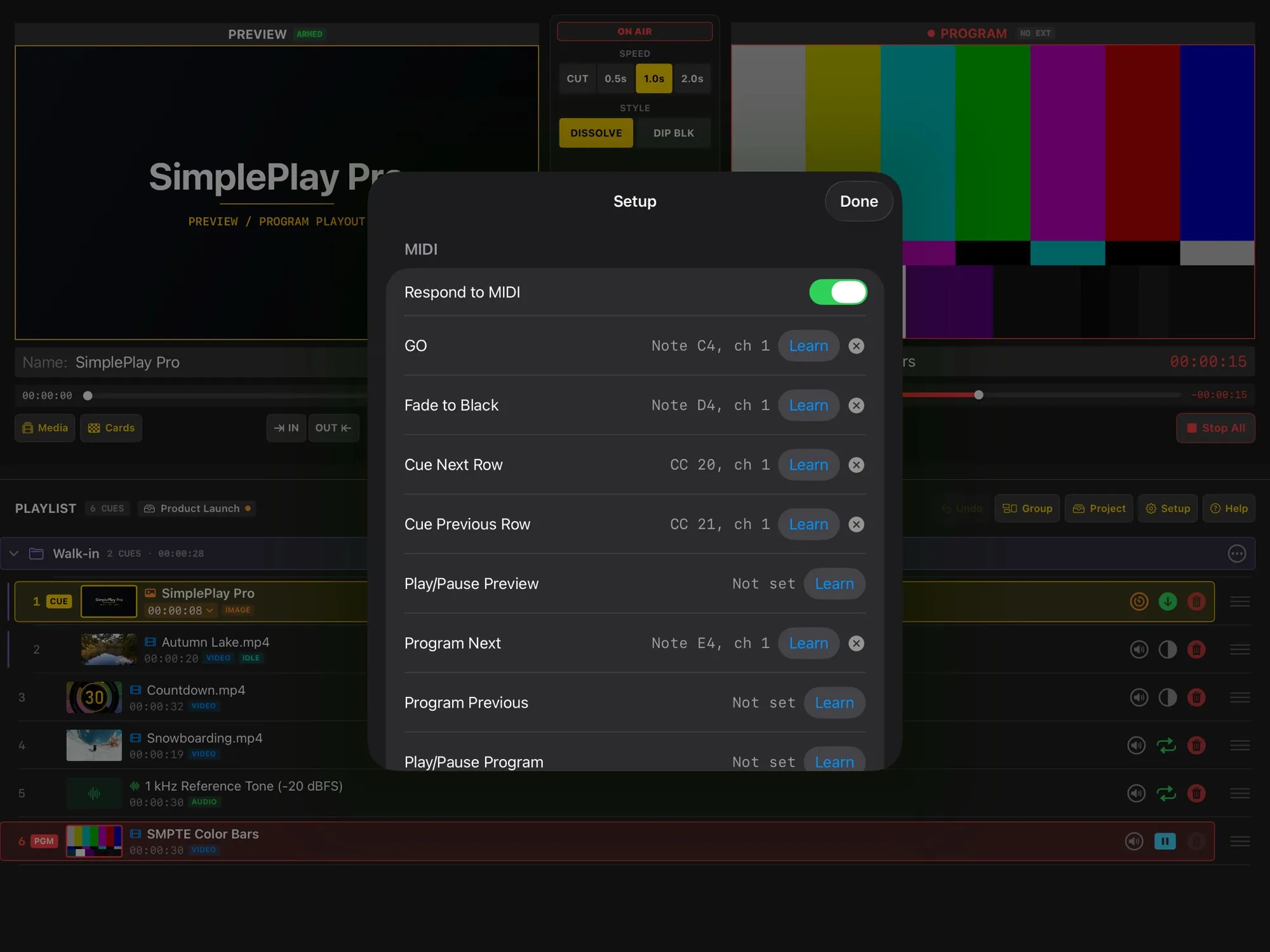 The Setup sheet with MIDI notes and controllers mapped to GO, Fade to Black and moving between cues