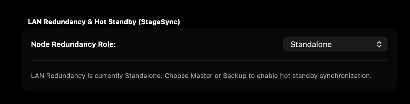 LAN रिडंडेंसी: इस Mac को Stage Sync का मास्टर या उसका बैकअप बनाएँ।