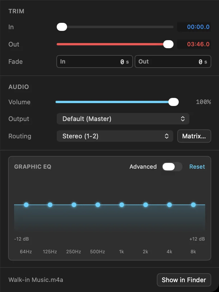 SimplePlay Pro X cue audio settings with volume, output routing, and an 8-band graphic EQ