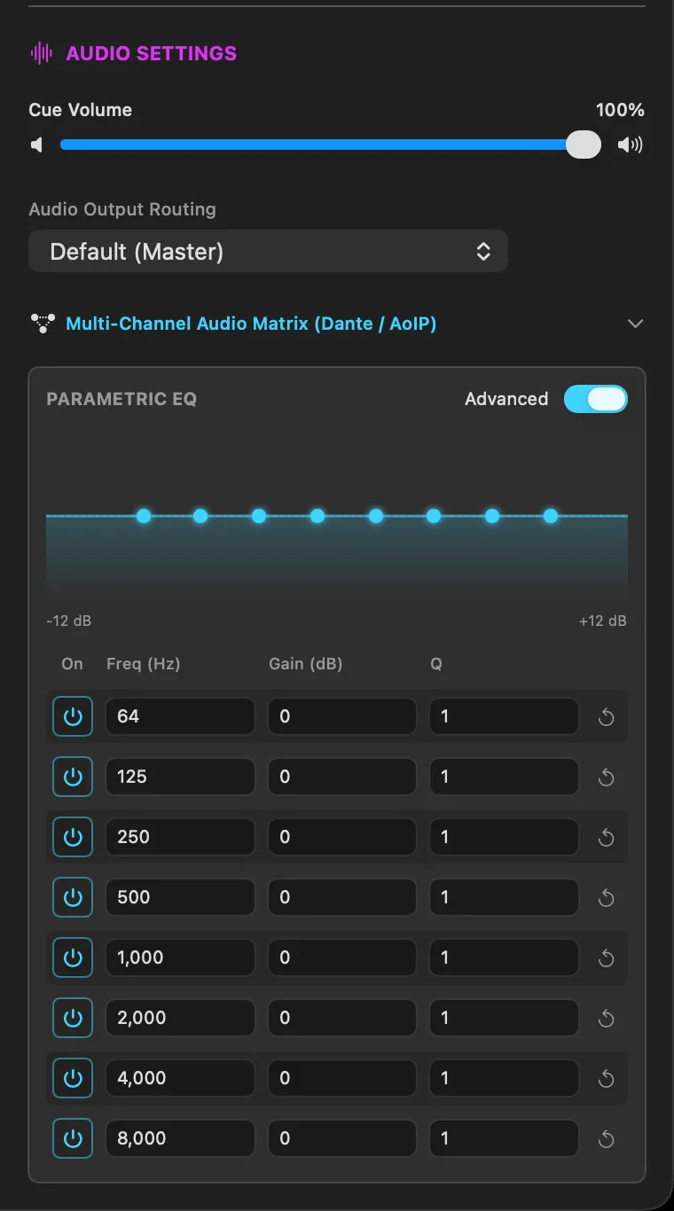 SimplePlay Pro X cue audio settings with volume, output routing, and an 8-band parametric EQ
