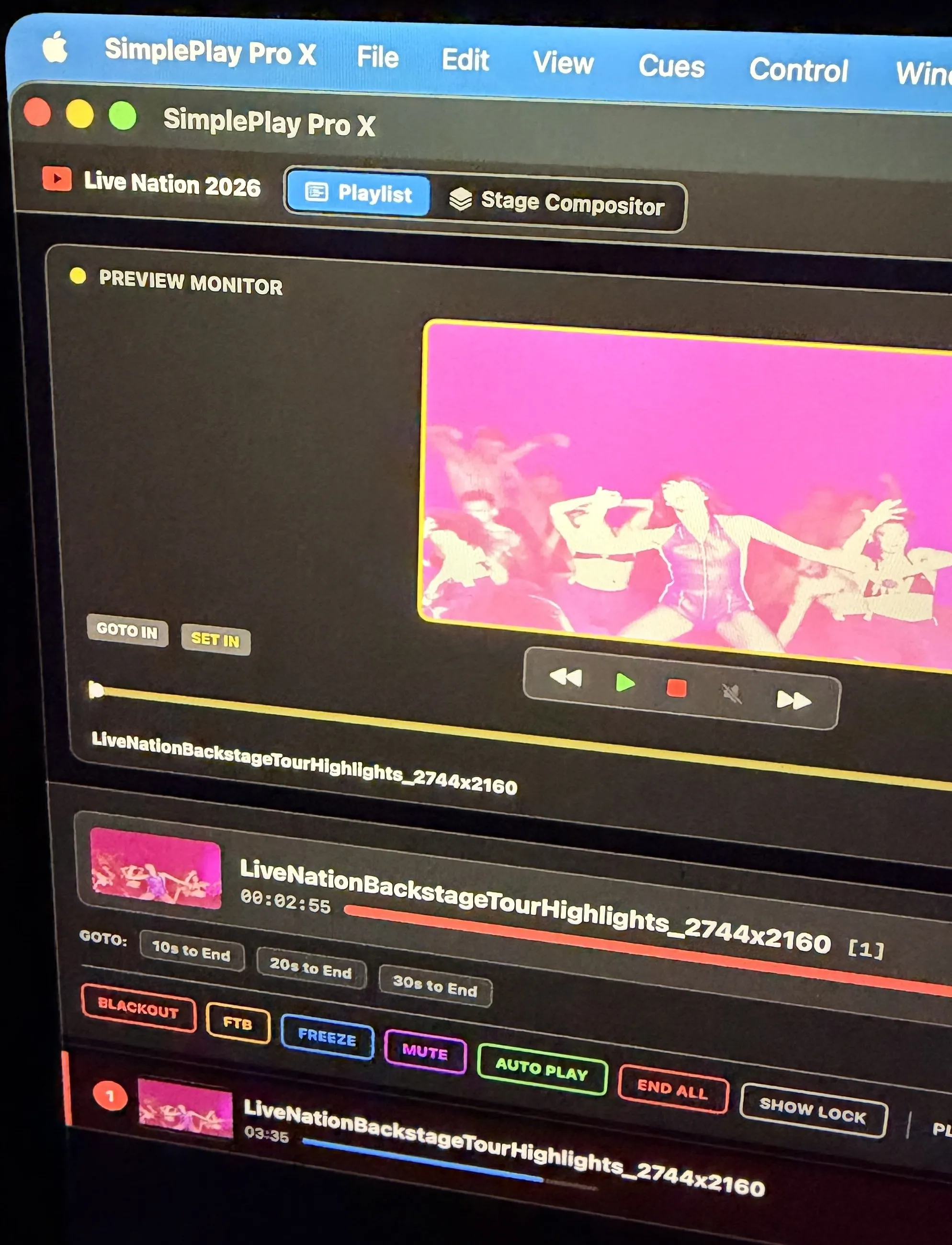 SimplePlay Pro X in the booth with the Live Nation 2026 show open, the tour highlights reel cued in Preview and the panic row underneath.