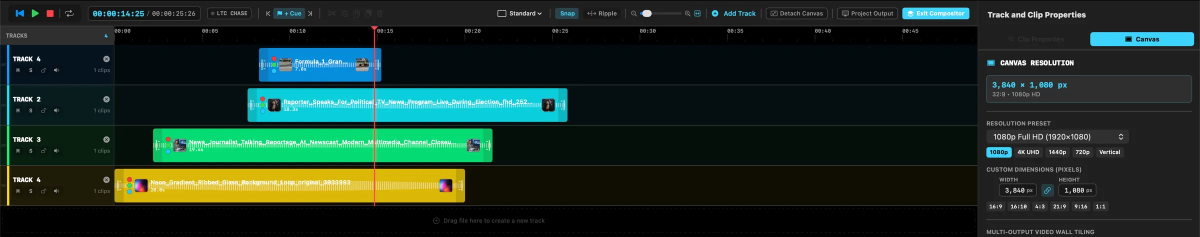 SimplePlay Pro X Stage Compositor timeline with four tracks and the canvas properties panel