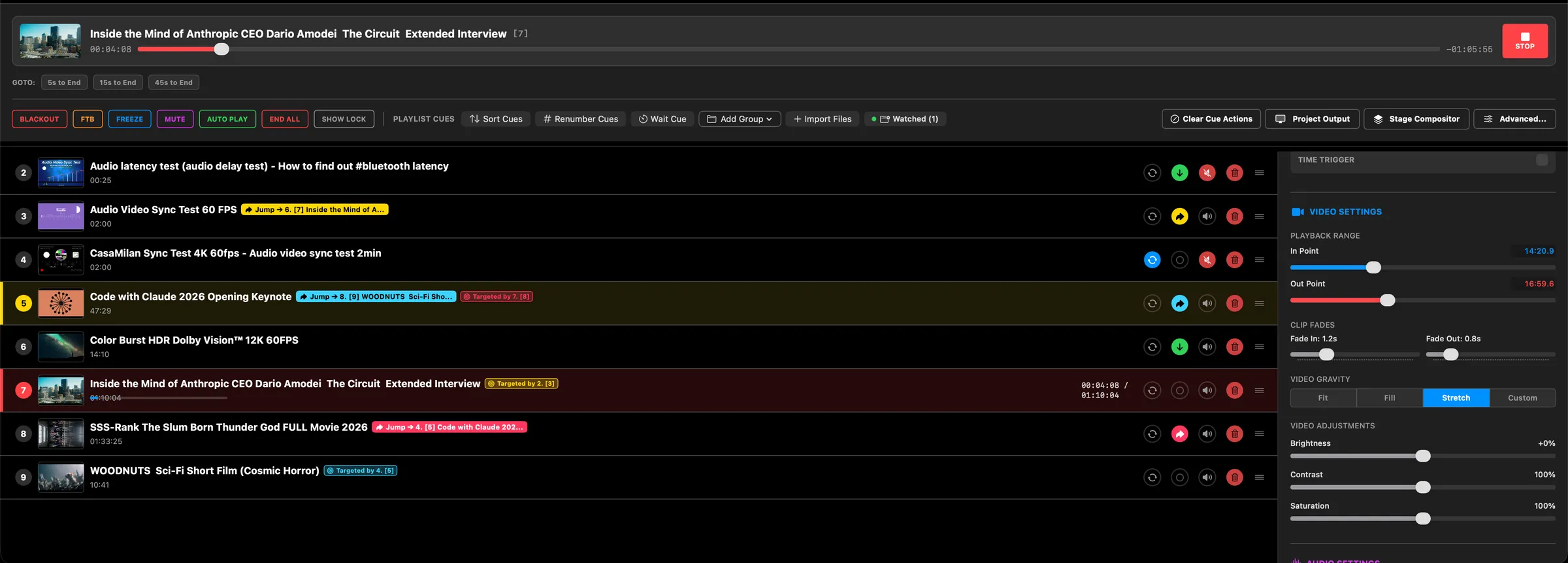 SimplePlay Pro X cue list with jump and target links, the panic row above it, and the cue inspector on the right