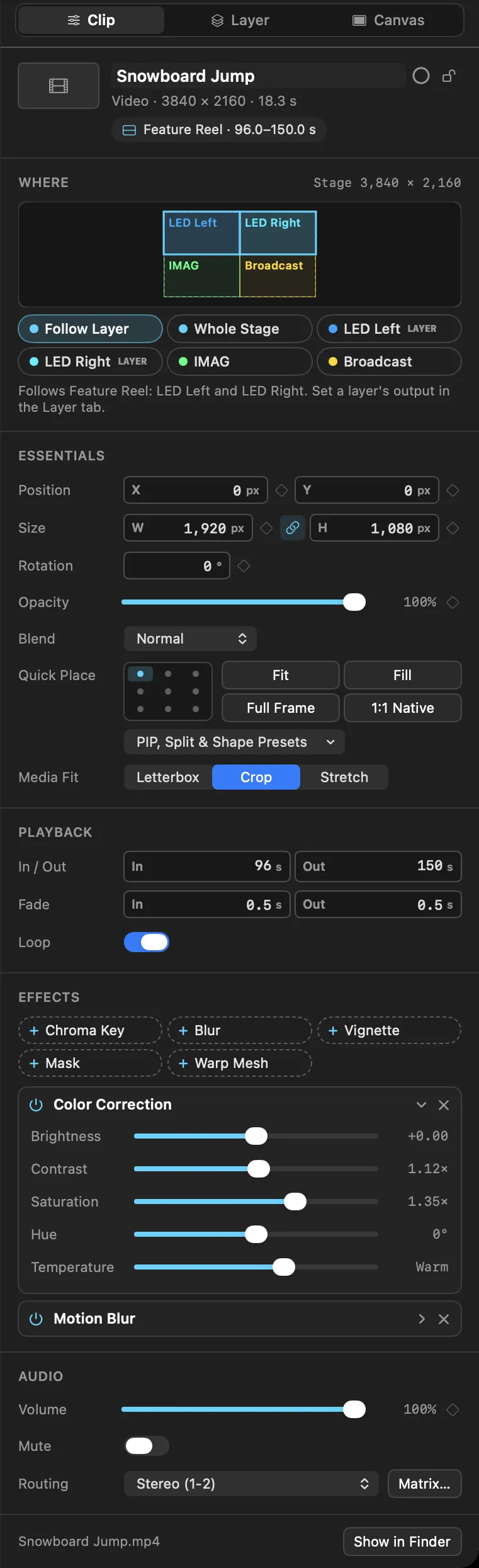 SimplePlay Pro X clip inspector with the Where map, Essentials, Playback, a colour grade and motion blur in Effects, and Audio