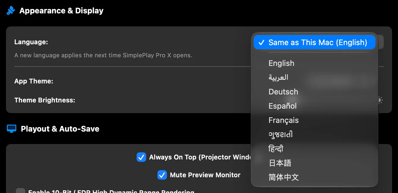 SimplePlay Pro X Settings with the Language menu open, listing its nine languages