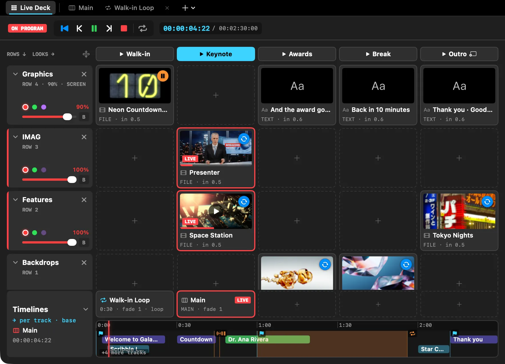 SimplePlay Pro X Live Deck with the Keynote look fired: Graphics, IMAG, Features and Backdrops rows, and the Timelines row along the bottom