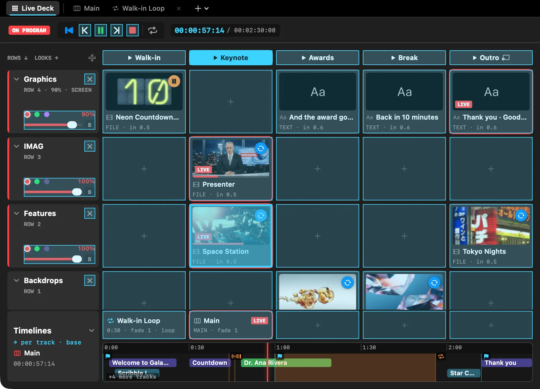 SimplePlay Pro X MIDI Map mode highlighting the Live Deck's slots, looks, row faders and transport