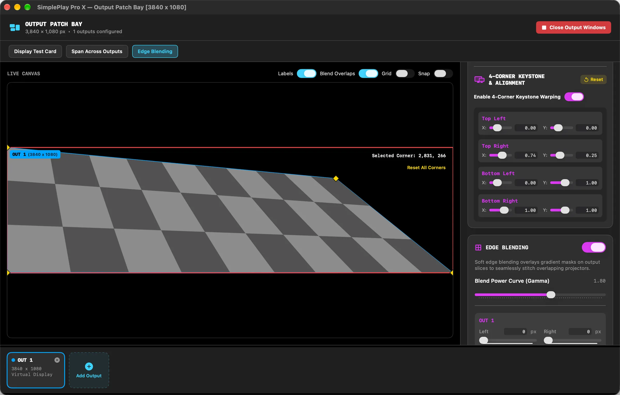 SimplePlay Pro X Output Patch Bay with a keystoned output, corner controls, and edge blending