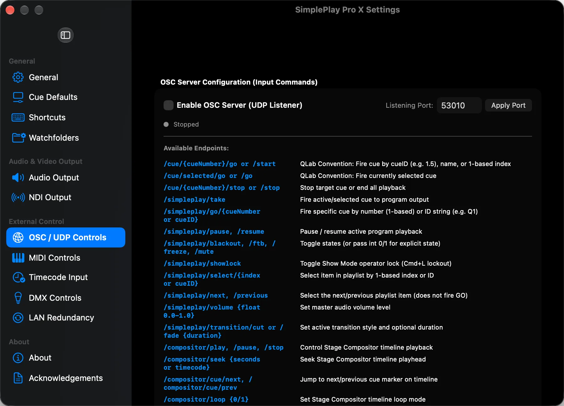 SimplePlay Pro X settings showing the OSC server and its available commands