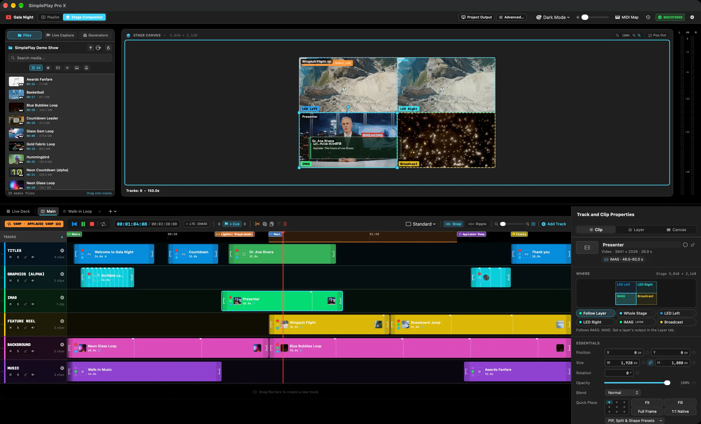 SimplePlay Pro X Stage Compositor mid-show: a four-screen stage with the presenter on IMAG, the media browser, the multi-track timeline and the clip inspector