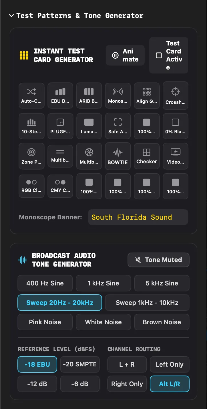SimplePlay Pro X test card generator and broadcast audio tone generator