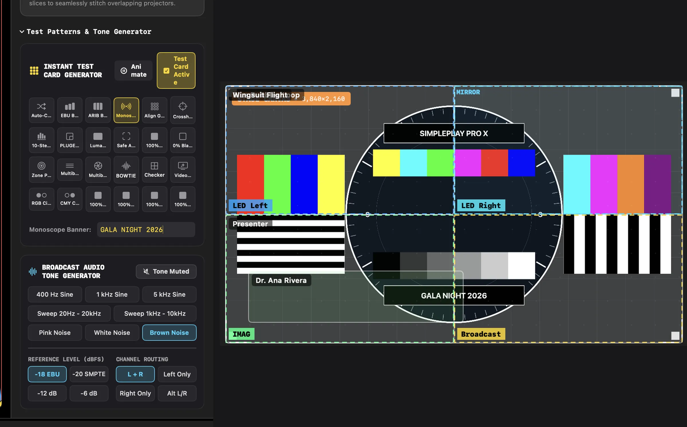 SimplePlay Pro X test card generator and broadcast audio tone generator, with the Monoscope card on the stage