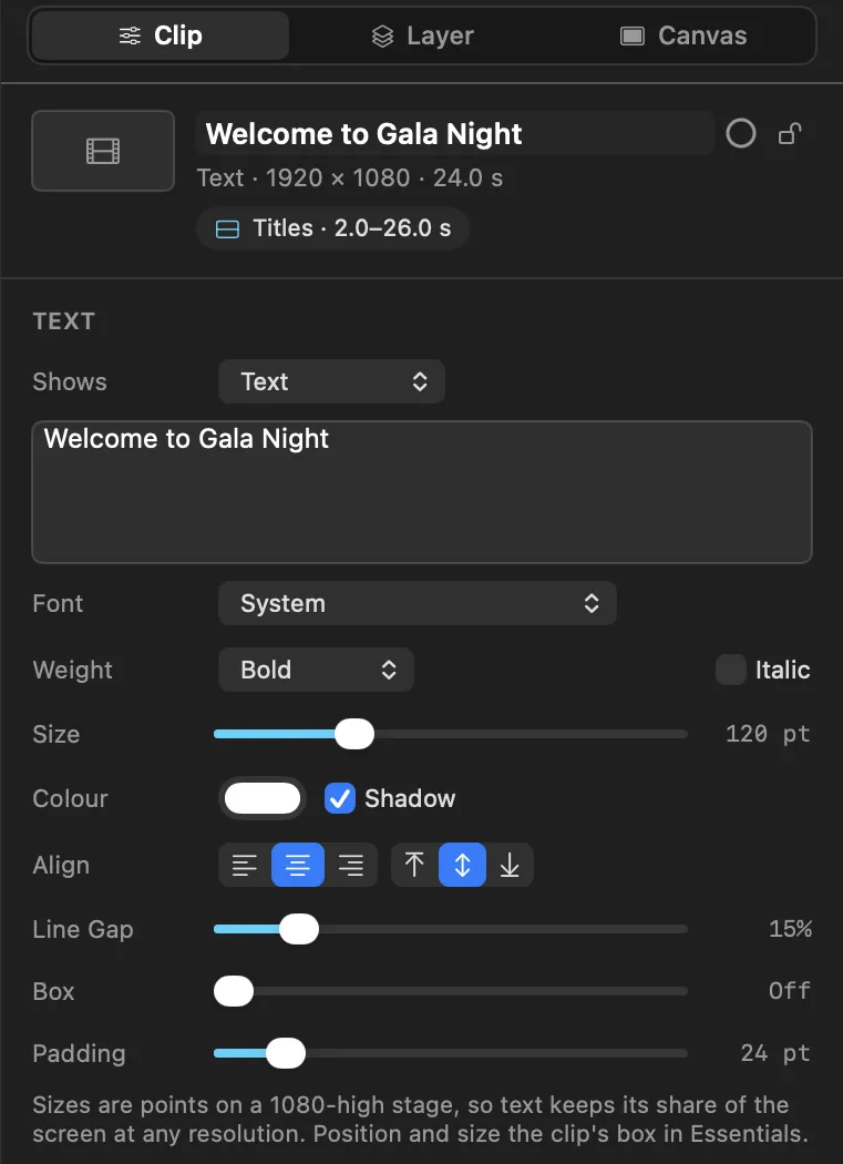 SimplePlay Pro X text clip settings: words, font, weight, size, colour, alignment and box