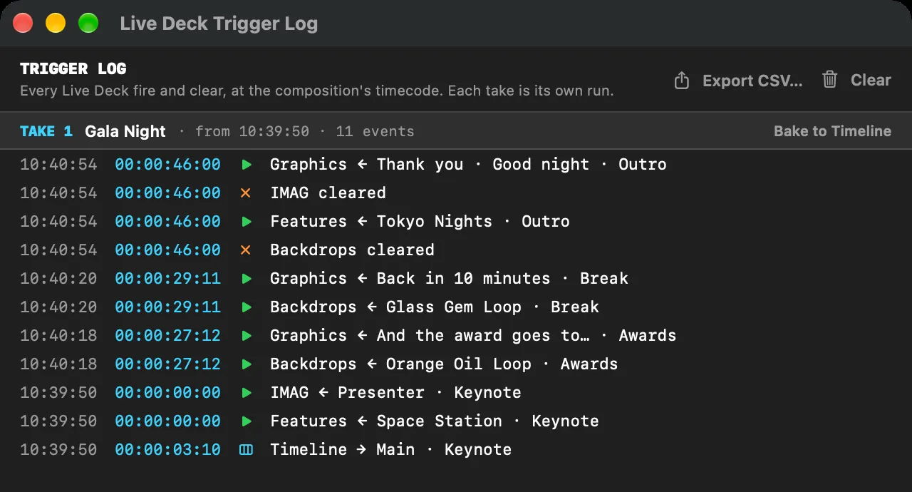 SimplePlay Pro X Live Deck Trigger Log listing one take's fires, clears and timeline switches with their timecode