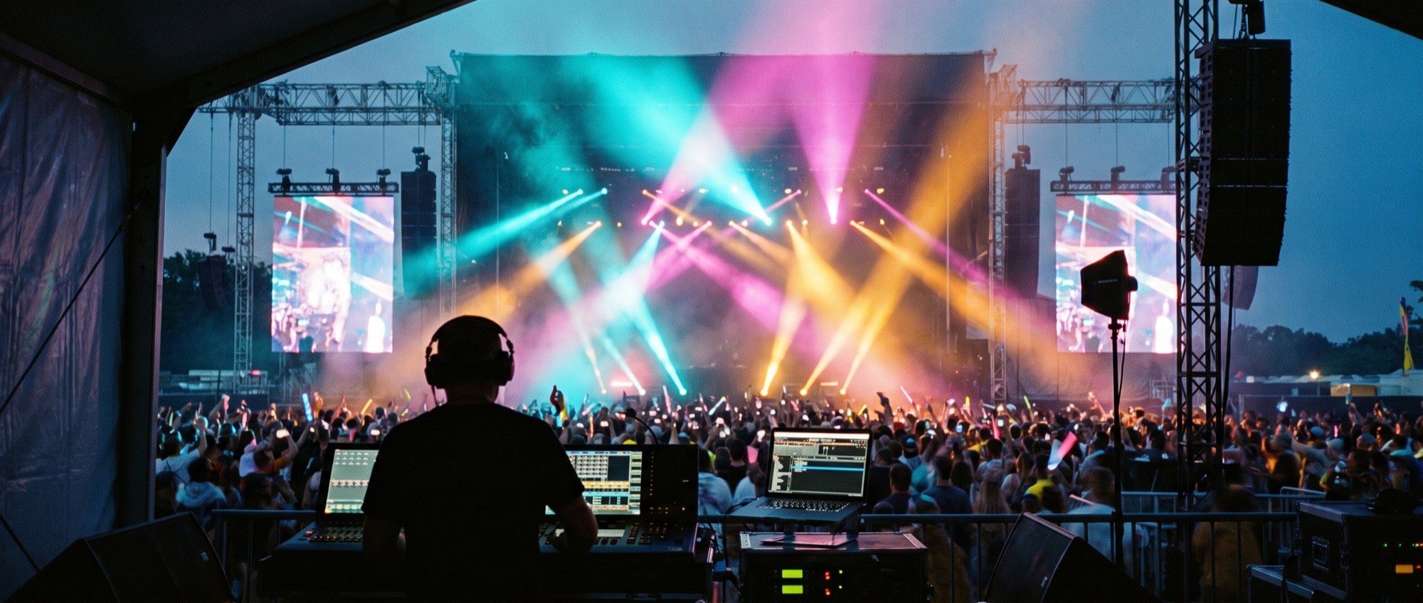 Video and lighting technician running a show from a booth at a festival, colorful stage beams overhead