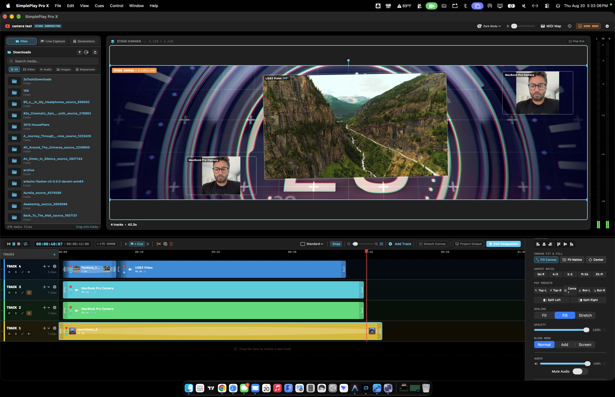SimplePlay Pro X Stage Compositor canvas with a multi-track timeline compositing camera feeds and video as picture-in-picture layers